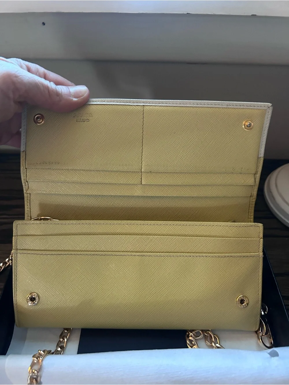 Prada Yellow and Cream Two-Tone Saffiano Shoulder Wallet